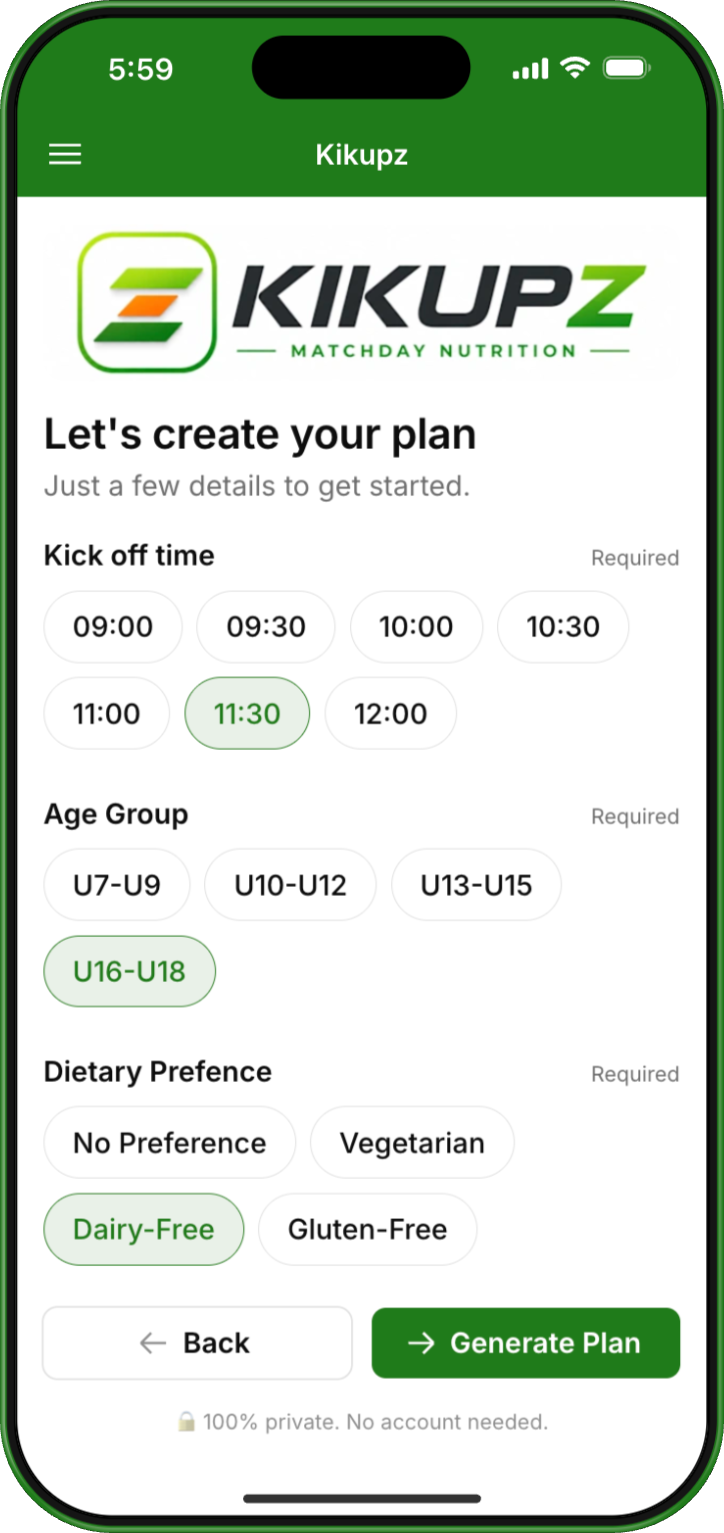 Step 1 — enter kick-off time, age group and diet