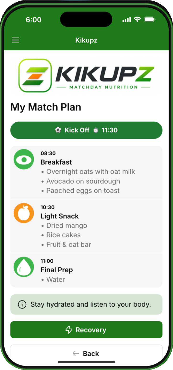 Step 2 — your Match Fuel Plan, timed around kick-off